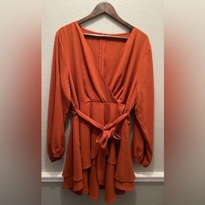 Women's Deep V-Neck, Long Sleeve, Waist Tie, Ruffle Mini Swing Dress